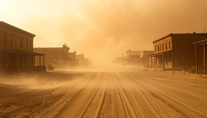 Obraz premium A deserted western-style town at the edge of a sandstorm during the day