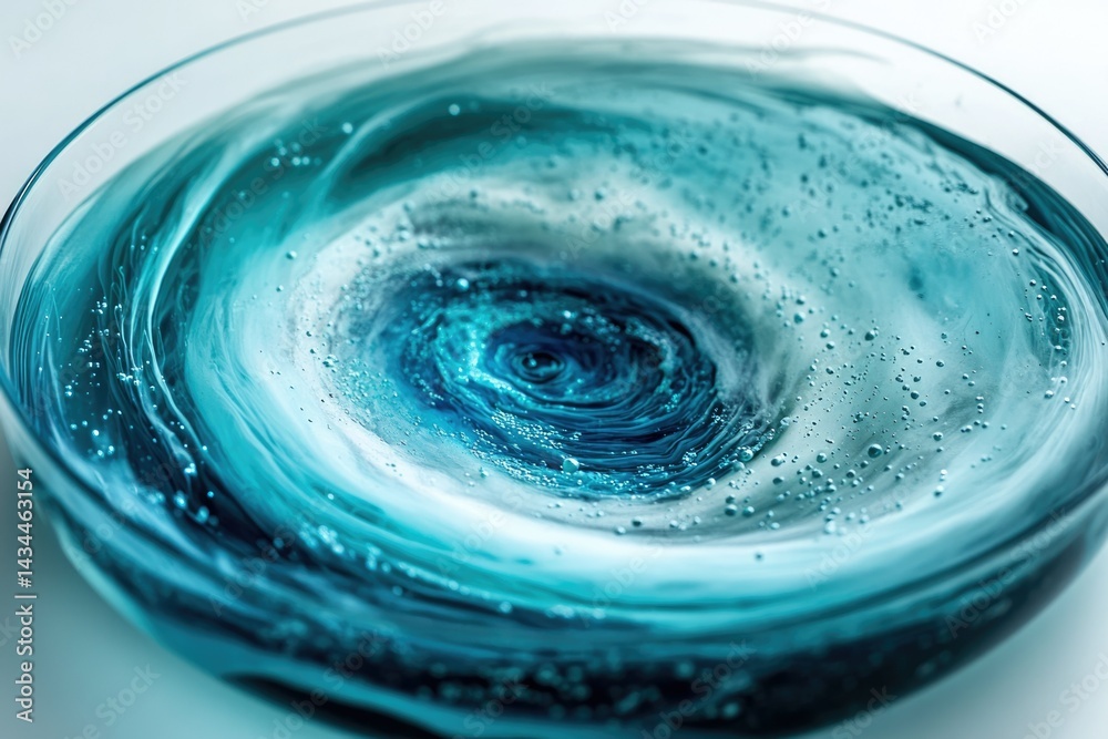 Poster a mesmerizing swirling vortex of teal liquid with air bubbles, creating an abstract, artistic scene.
