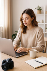 A young woman sitting at a desk, typing on a laptop with a camera and notebook nearby.