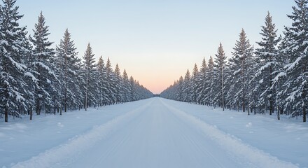 Fototapeta premium Snowy Road Through Forest Trees During Winter Season at Sunset