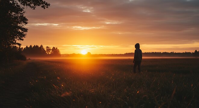 Person Watching Sunrise Over Field Landscape with Dramatic Sky