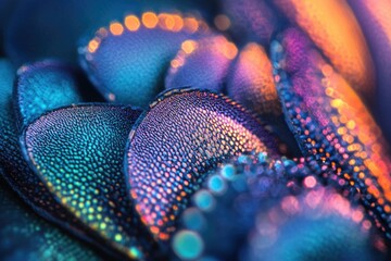 Obraz premium Close-up of iridescent textured petals, vibrant colors and bokeh effect, detailed macro photography.