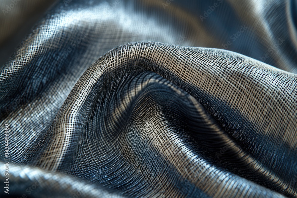 Fototapete close-up of a textured, metallic fabric with a wave-like pattern, showing intricate details of weavi