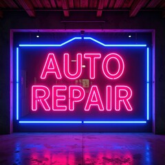 Obraz premium Neon auto repair sign glowing brightly in garage setting