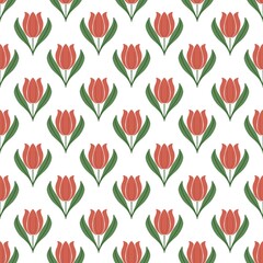 Seamless floral pattern with red tulips on white background