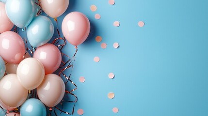balloons in pink and blue clustered left and right, center space blank, colorful ink clouds curling around the sides, floating festive dots, clean and minimal vibe