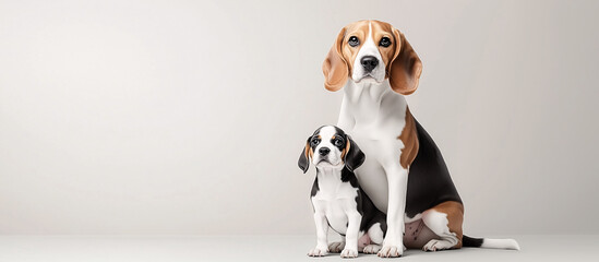 Beagle and puppy sitting on floor in studio portrait with cute and adorable expression