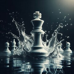 White Chess King in Water Splash Dramatic Monochrome Abstract.