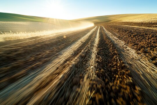 A fast-moving vehicle on a dirt road cuts through a sun-drenched agricultural field.