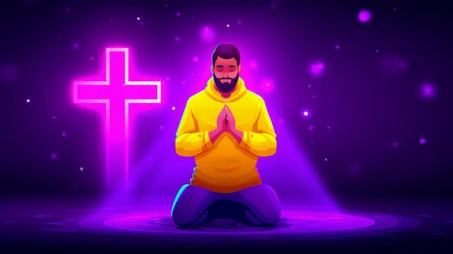 Man praying kneeling before an illuminated cross in vibrant purple and pink colors on a dark background with light particles.