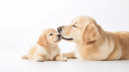 Golden retriever with puppies sitting together - white background