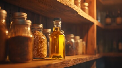 Glass bottle of oil among jars of spices and ingredients on wooden shelf