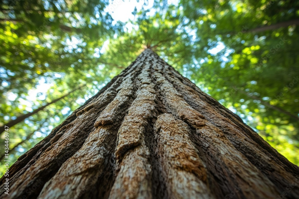 Poster A low-angle view of a towering tree trunk in a lush green forest, showcasing the texture of the bark and the surrounding canopy.