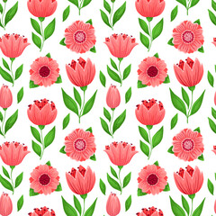 Seamless pattern with spring flowers, botanical elements, vintage
