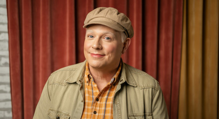 Smiling male in cap against red curtain background