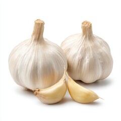 Two garlic bulbs and cloves isolated on white background