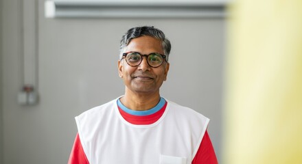 Mature asian male in red and white shirt smiling indoors