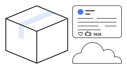 Shipping box, social media post with engagement metrics, and cloud symbol highlight connectivity, online transactions, and data storage. Ideal for e-commerce, digital marketing, logistics innovation