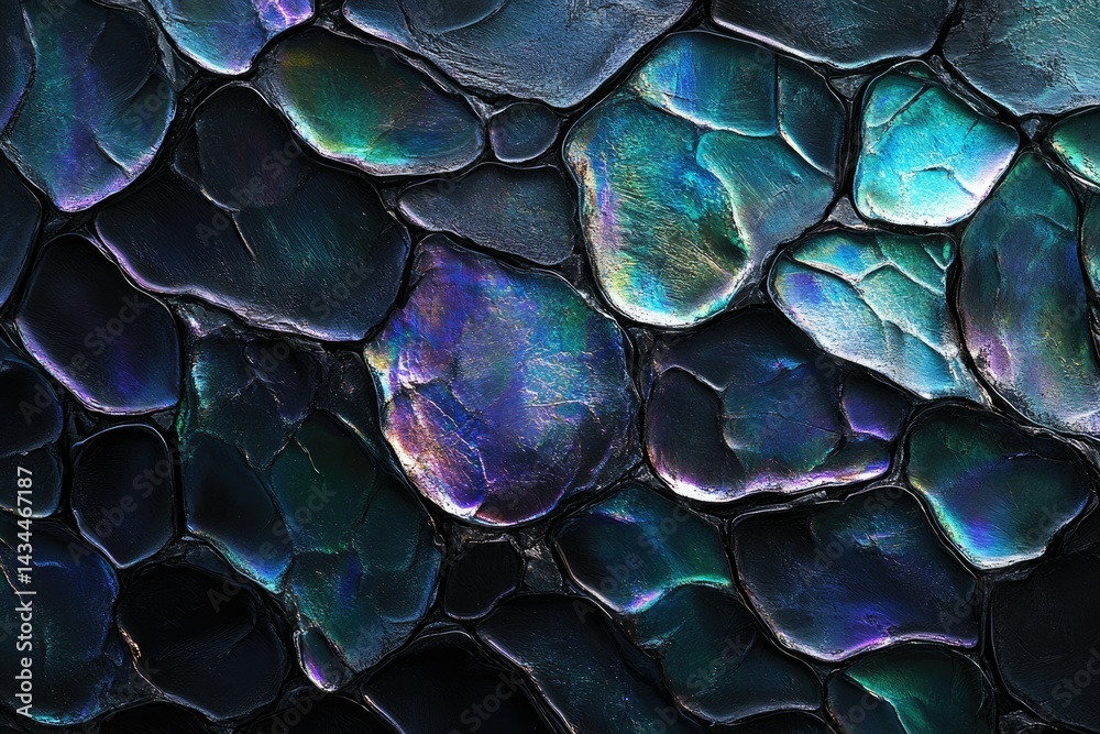 Fototapete Abstract image of dark, iridescent, pebble-like shapes creating a textured, mosaic-like pattern.
