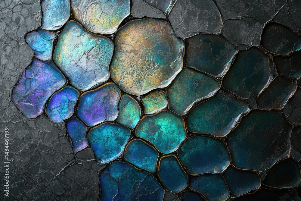 Poster abstract iridescent gemstone mosaic pattern on dark background. intricate, colorful, and textured.