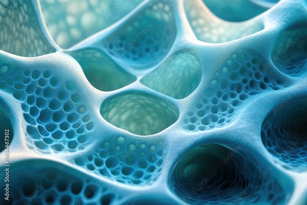 Poster abstract image of a porous, textured, cyan-blue substance resembling a microscopic cellular structur