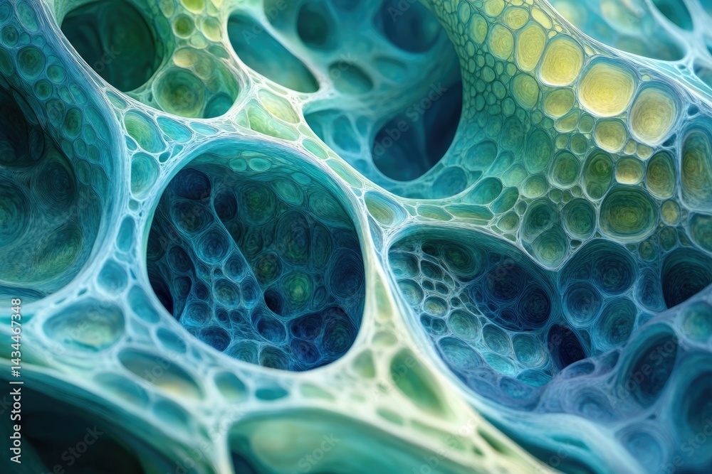 Poster Abstract 3D rendering of a complex, interconnected, organic structure with teal and green hues resembling a cellular network.