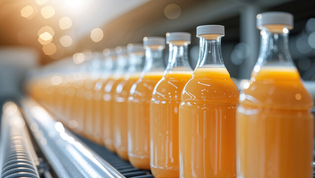 Juice bottles on a conveyor belt in a factory ready for the market distribution.