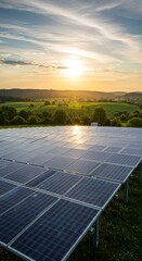 Solar Panels at Sunset Over Rural Landscape