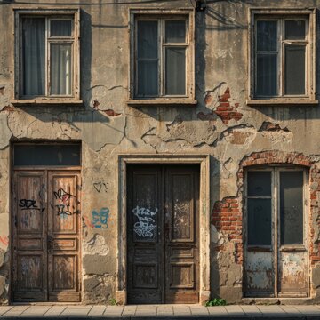 Aged Building Facade with Graffiti and Decaying Walls