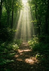 Obraz premium Sunbeams Illuminate Forest Path