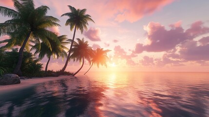 Serene Tropical Sunset Beach Scene Palm Trees Ocean Pink Sky Tranquil Idyllic Paradise Vacation Summer Holiday Coastal Relaxation Calm Peaceful       