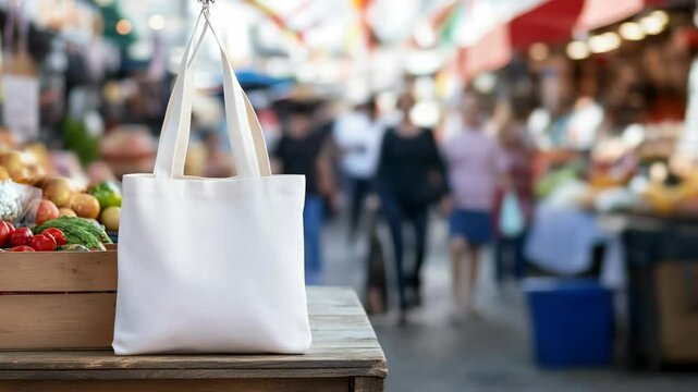 Blank white canvas tote bag mockup hanging at an outdoor food market against a blurred background of shoppers and vegetable display.