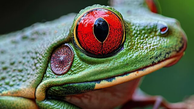 A vibrant red-eyed tree frog rests on a branch surrounded by lush greenery in a tropical rainforest, showcasing its unique coloration and intricate patterns during daylight hours