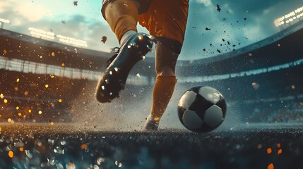 Footballer kicking ball on rain-soaked turf in professional stadium with dramatic cinematic vibe image