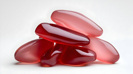 Pile of Red Transparent Gel Capsules on White Background