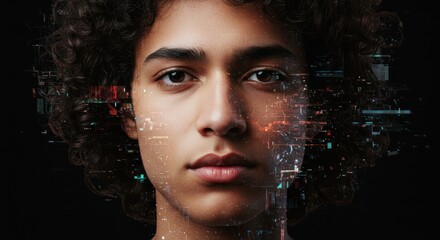 Person's face with digital overlay on black background suggesting technology or future.