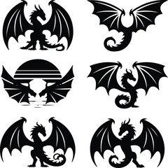 Dragon Wing Silhouette Set | Fantasy Vector Collection Mythical Dragon Wings | Black Silhouette Illustration Pack