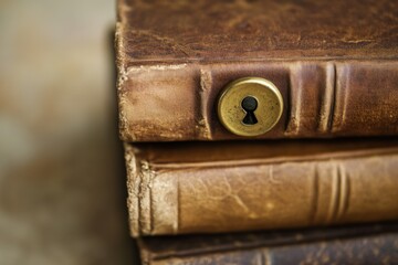 Antique leather-bound books stacked, showing age and a brass lock.