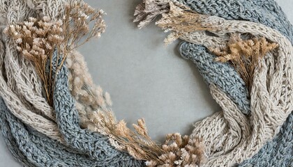 A boho background with knitted scarf, dried flowers, and copyspace 