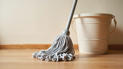Cleaning mop against a background of a beige bucket  