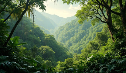 Lush Tropical Rainforest with Dense Greenery and Natural Lighting