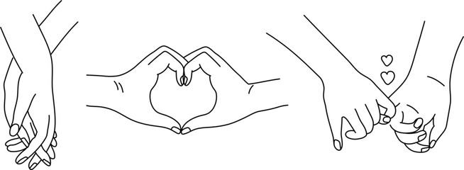 Minimalist line art vector illustration featuring three hand gestures: holding hands, heart shape gesture, and intertwined pinkies with hearts, symbolizing love, connection, trust, and emotional bonds