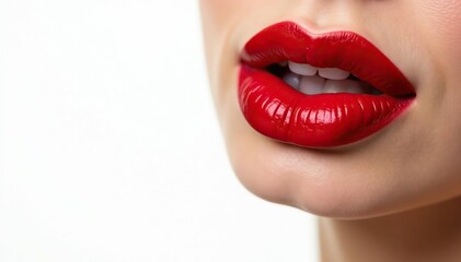Obraz premium Intensely colored red lips against pure white, makeup, texture, glossy