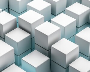 Aerial view of neatly arranged white cubes on a reflective surface, creating depth