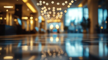 Fototapeta premium Reflective Lobby Interior: A Blurred Nighttime Elegance