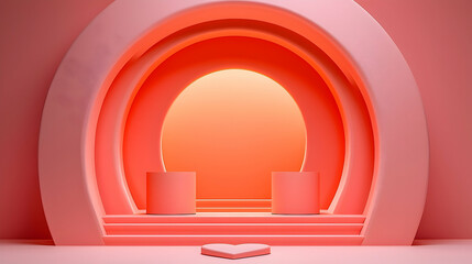 Fototapeta premium Pink Heart-Shaped Archway with Two Podiums and Soft Lighting