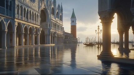 Venetian Piazza at Sunrise, Reflections on Wet Stone