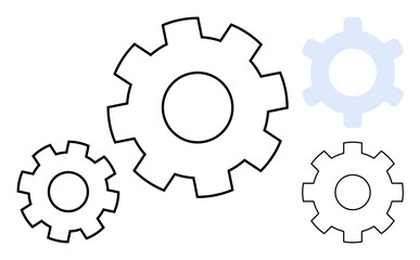 Four interlocking gears in varied sizes, illustrating teamwork, interconnected systems, and process integration. Ideal for engineering, innovation, collaboration, mechanics, productivity