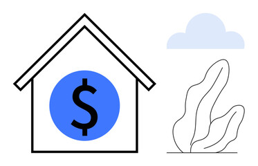 House with dollar symbol conveying financial themes, minimalist plant and cloud. Ideal for real estate, mortgage, savings, eco-friendly finance, banking, investment, simple landing page