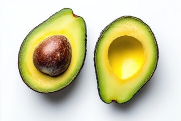 Realistic Avocado Halves with Ripe Green Flesh and Brown Pit on White Background